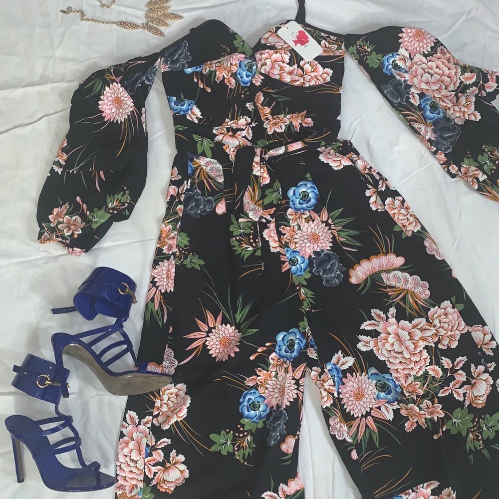 Beautiful off the shoulder black floral pantsuit